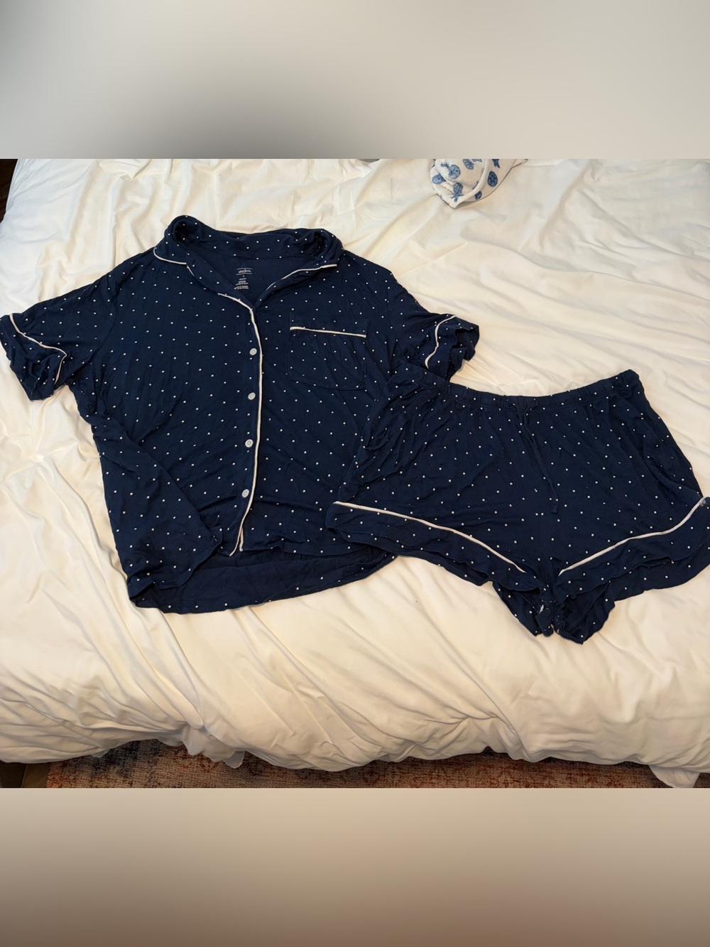 Auden Cloutknit Navy Blue Polka Dot Pajama Set with White Piping Size Large